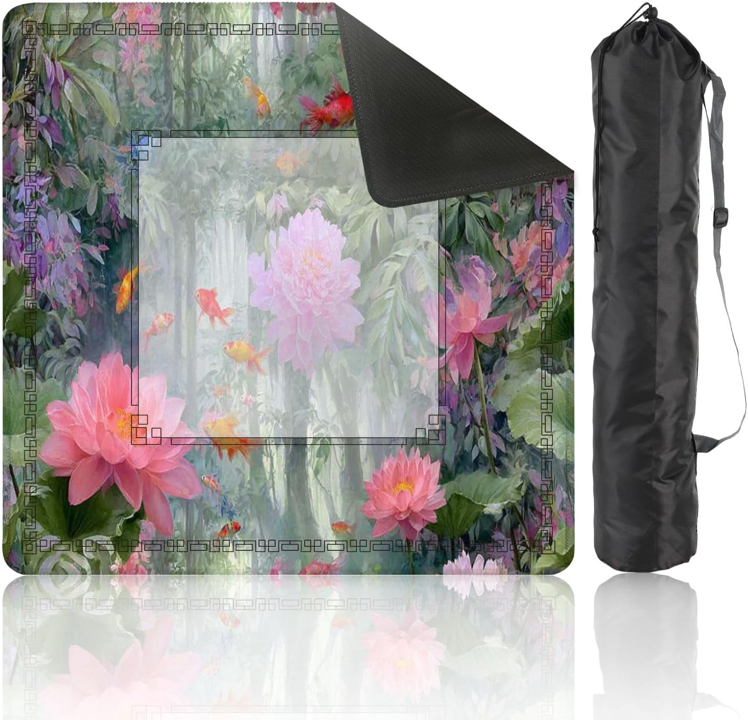Mahjong Mat 31.5" x 31.5" Lotus Fish Watercolor Poster Dreamy Japanese Aesthetic Non-Slip Noise Reduction Mahjong Tiles Table Cover for Dominoes Poker Card Board and Tile Games