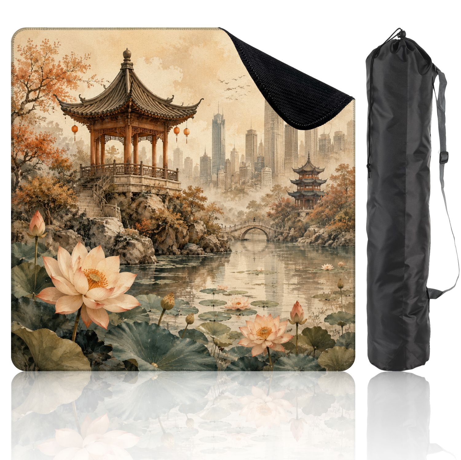 Mahjong Mat 31.5" x 31.5" Lotus Flower Pagoda Tranquil Garden City Skyline Non-Slip Noise Reduction Mahjong Tiles Table Cover for Dominoes Poker Card Board and Tile Games