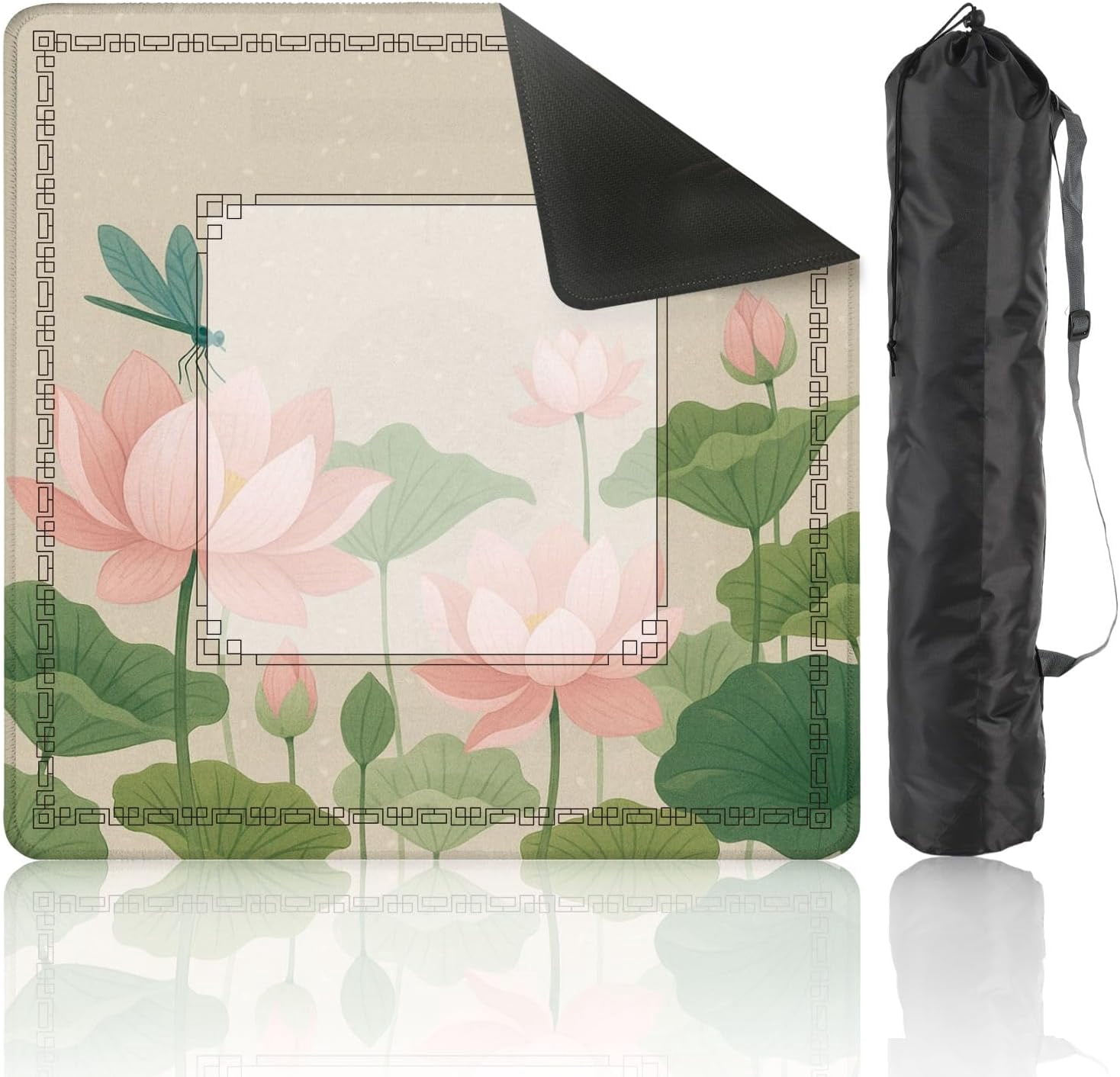 Mahjong Mat 31.5" x 31.5" Lotus Flowers Dragonflies Non-Slip Noise Reduction Mahjong Tiles Table Cover for Dominoes Poker Card Board and Tile Games