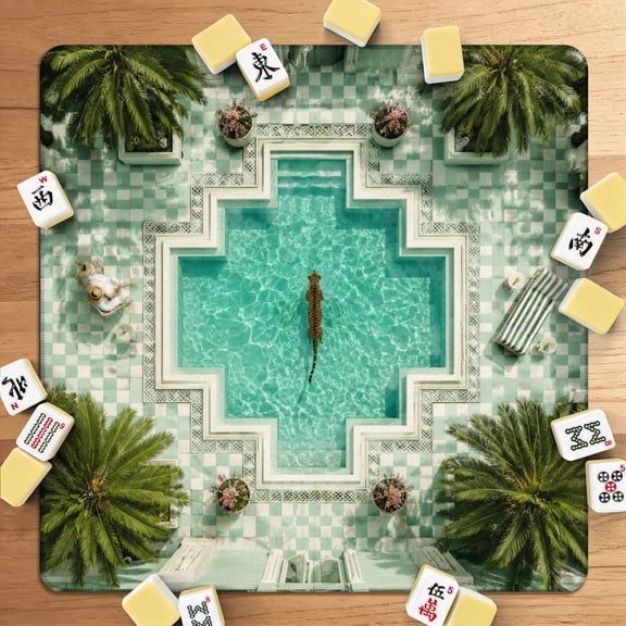Mahjong Mat 31.5" x 31.5" Luxurious Geometric Pool Leopard Tropical Palm Surroundings Non-Slip Noise Reduction American Mahjong Tiles Table Cover for Dominoes Poker Card Board Games Gift
