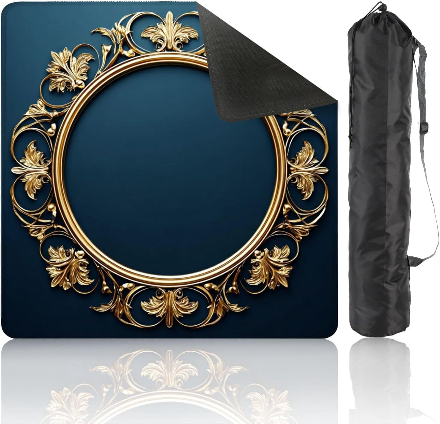 Mahjong Mat 31.5" x 31.5" Luxurious Golden Baroque Ornate Round Frame Dark Teal Blue Non-Slip Noise Reduction Mahjong Tiles Table Cover for Dominoes Poker Card Board and Tile Games Gift