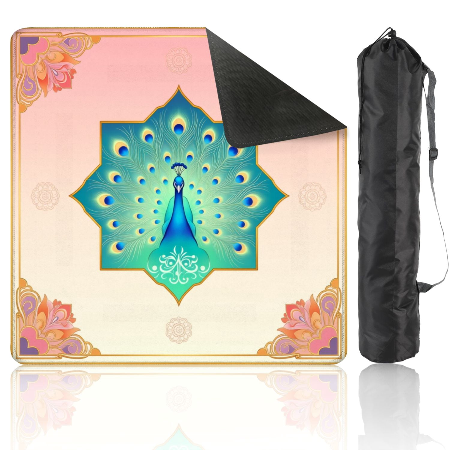 Mahjong Mat 31.5" x 31.5" Majestic Blue Peacock Vibrant Feathers Ornamental Geometric Frame Non-Slip Noise Reduction American Mahjong Tiles Table Cover for Dominoes Poker Card Board Games Gift