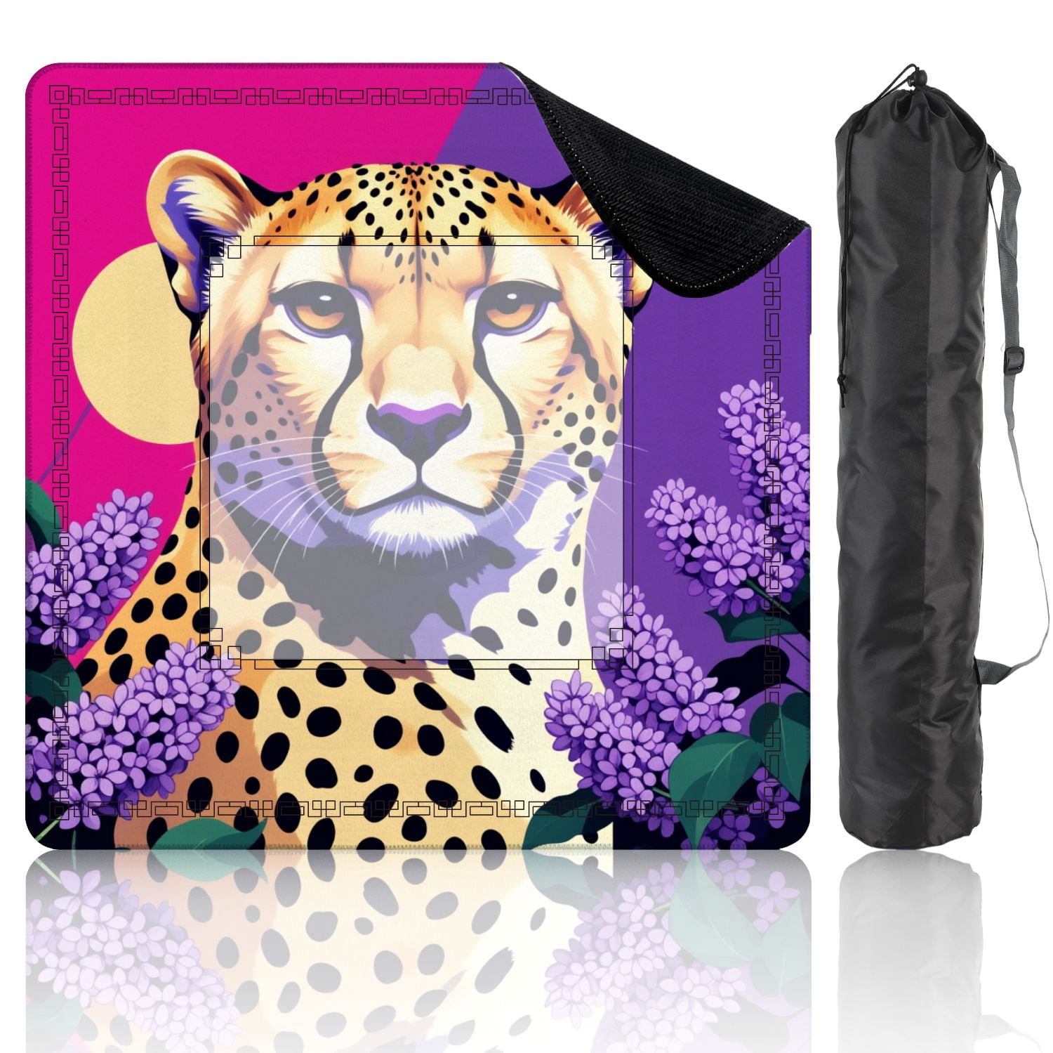 Mahjong Mat 31.5" x 31.5" Majestic Cheetah Surrounded by Purple Lilacs Vibrant Non-Slip Noise Reduction American Mahjong Tiles Table Cover for Dominoes Poker Card Board Games Gift