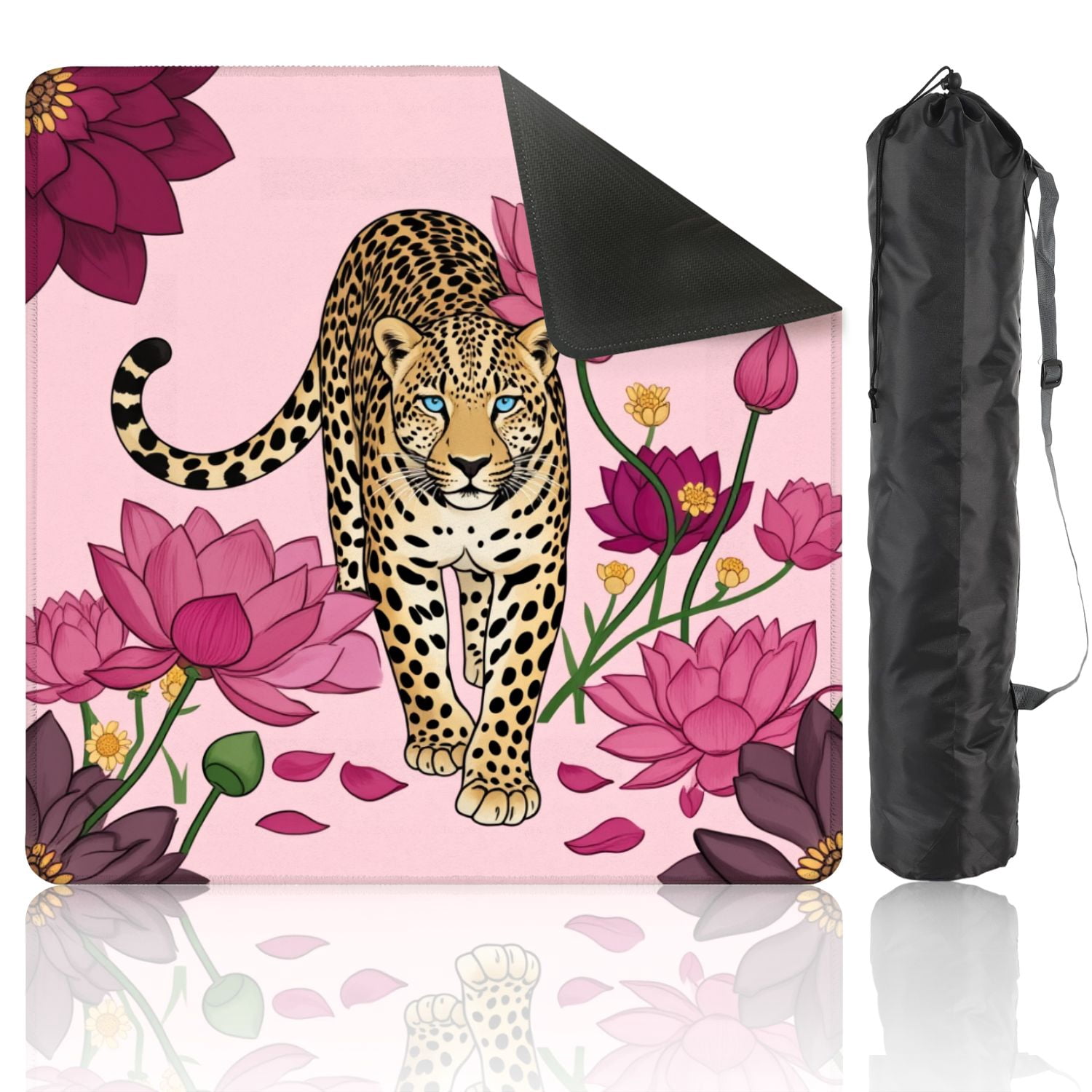 Mahjong Mat 31.5" x 31.5" Majestic Leopard Blue Eyes Among Pink Purple Lotus Flowers Non-Slip Noise Reduction American Mahjong Tiles Table Cover for Dominoes Poker Card Board Games Gift