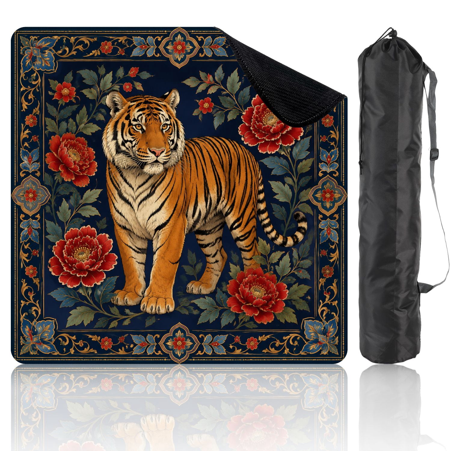 Mahjong Mat 31.5" x 31.5" Majestic Tiger Red Flowers Ornate Border Deep Blue Non-Slip Noise Reduction Mahjong Tiles Table Cover for Dominoes Poker Card Board and Tile Games