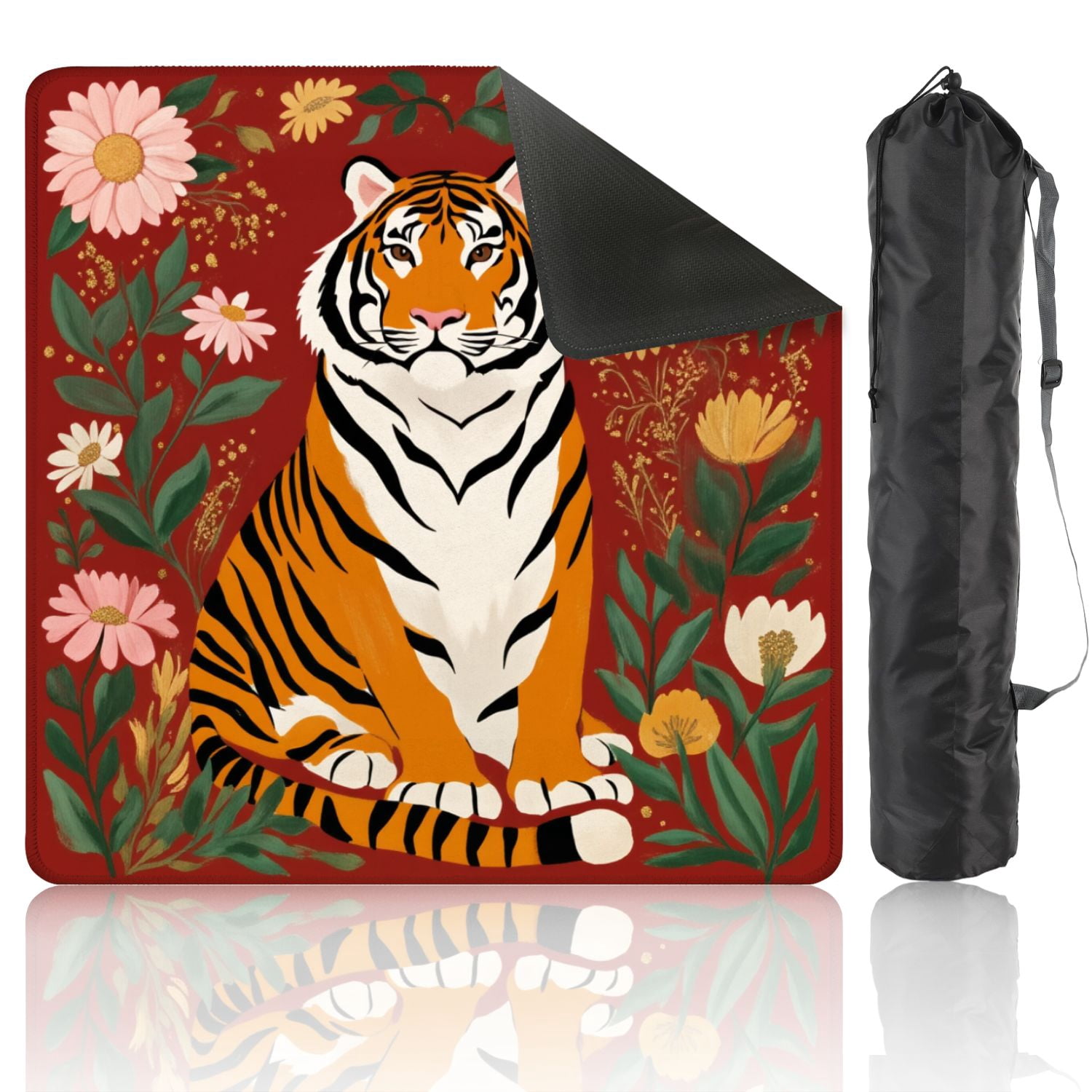 Mahjong Mat 31.5" x 31.5" Majestic Tiger Sitting Among Colorful Flowers Red Illustrated Nature Non-Slip Noise Reduction American Mahjong Tiles Table Cover for Dominoes Poker Card Board Games Gift