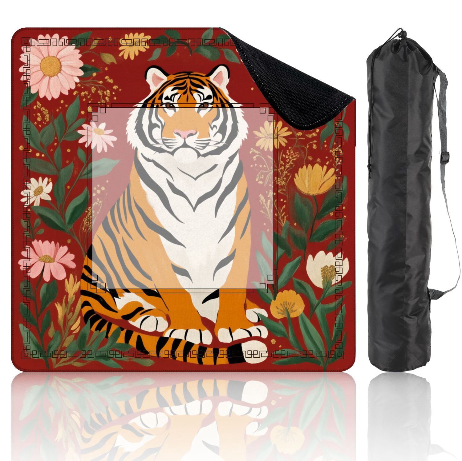 Mahjong Mat 31.5" x 31.5" Majestic Tiger Sitting Among Colorful Flowers Red Illustrated Nature Non-Slip Noise Reduction American Mahjong Tiles Table Cover for Dominoes Poker Card Board Games Gift