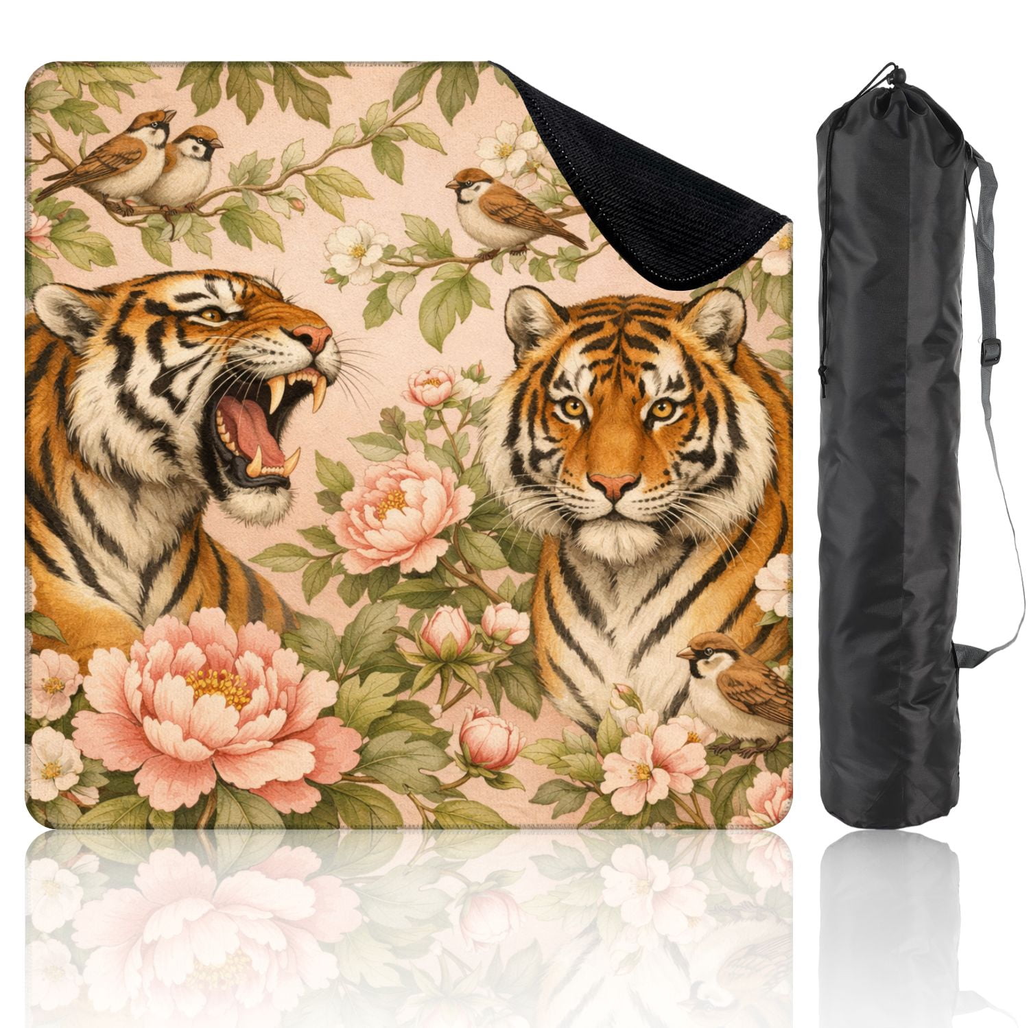 Mahjong Mat 31.5" x 31.5" Majestic Tigers Blooming Peonies Birds Floral Garden Non-Slip Noise Reduction Mahjong Tiles Table Cover for Dominoes Poker Card Board and Tile Games