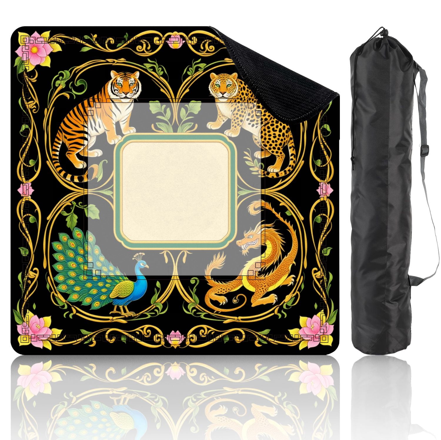 Mahjong Mat 31.5" x 31.5" Majestic Wildlife Mythical Creatures Vibrant Floral Frame Non-Slip Noise Reduction American Mahjong Tiles Table Cover for Dominoes Poker Card Board Games Gift