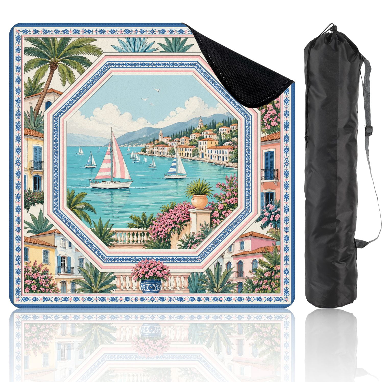 Mahjong Mat 31.5" x 31.5" Mediterranean Coastal Village Sailboats Palm Trees Colorful Villas Non-Slip Noise Reduction Mahjong Tiles Table Cover for Dominoes Poker Card Board and Tile Games