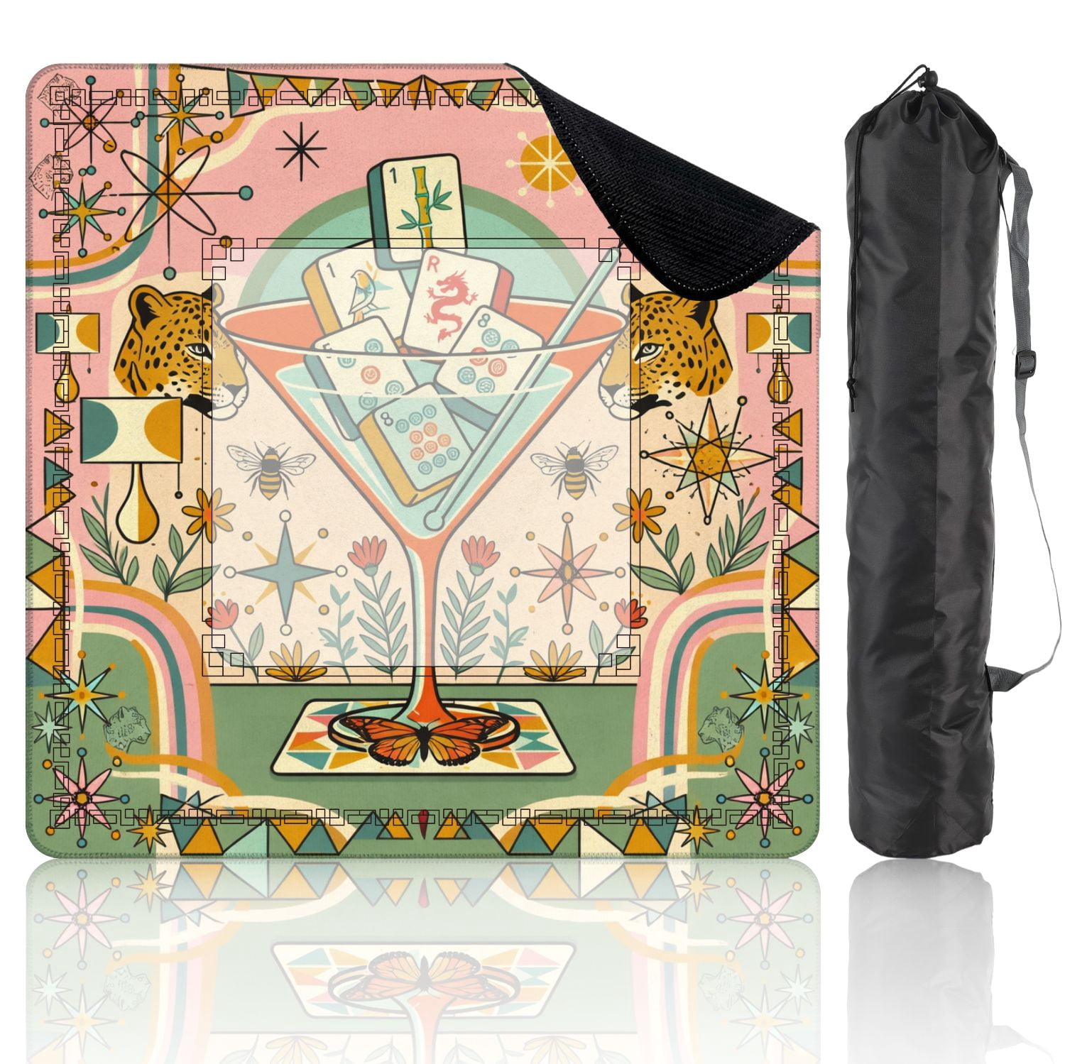 Mahjong Mat 31.5" x 31.5" Mid Century Modern Martini Glass Tigers Mahjong Tiles Floral Accents Non-Slip Noise Reduction American Mahjong Tiles Table Cover for Dominoes Poker Card Board Games Gift