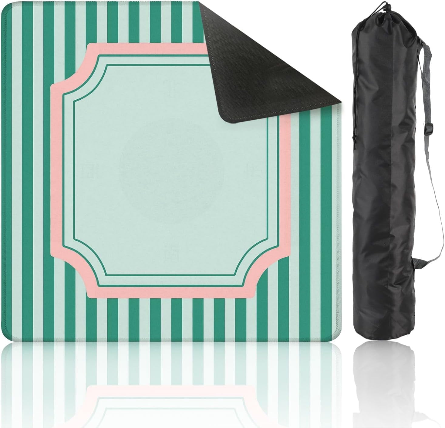 Mahjong Mat 31.5" x 31.5" Mint Green Pink Stripes Decorative Frame Non-Slip Noise Reduction Mahjong Tiles Table Cover for Dominoes Poker Card Board and Tile Games