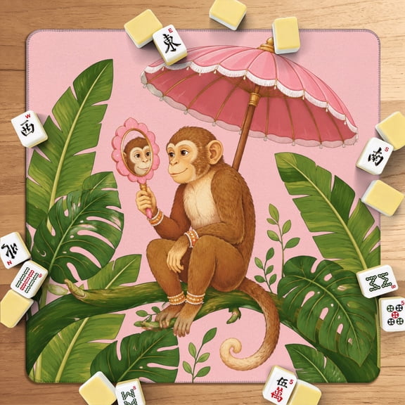 Mahjong Mat 31.5" x 31.5" Monkey Sitting Branch Pink Umbrella Mirror Non-Slip Noise Reduction American Mahjong Tiles Table Cover for Dominoes Poker Card Board Games Gift