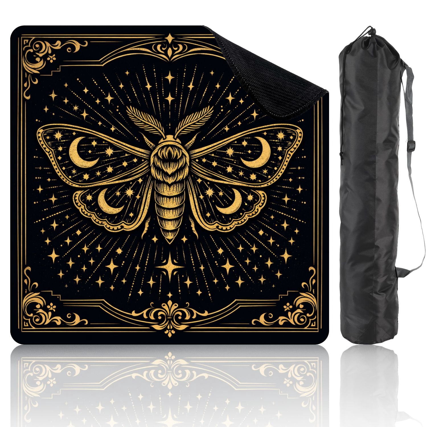 Mahjong Mat 31.5" x 31.5" Mystical Celestial Moth Stars Moons Geometric Patterns Gold Black Non-Slip Noise Reduction Mahjong Tiles Table Cover for Dominoes Poker Card Board and Tile Games