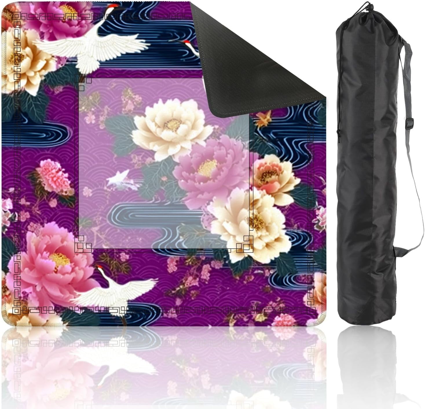 Mahjong Mat 31.5" x 31.5" Night Japanese Garden Blooming Peonies Golden Clouds Non-Slip Noise Reduction Mahjong Tiles Table Cover for Dominoes Poker Card Board and Tile Games Gift