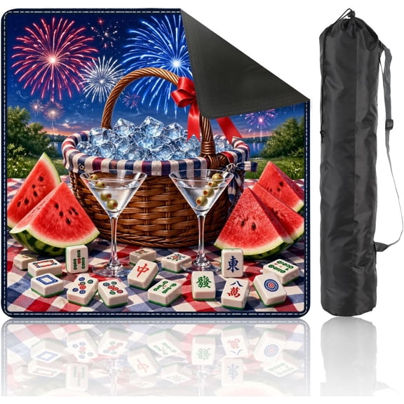 Mahjong Mat 31.5" x 31.5" Non-Slip Noise Reduction Festive Picnic Scene Watermelon Mahjong Tiles Table Mat for Mahjong Board Game Tile Games Independence Day Decorations