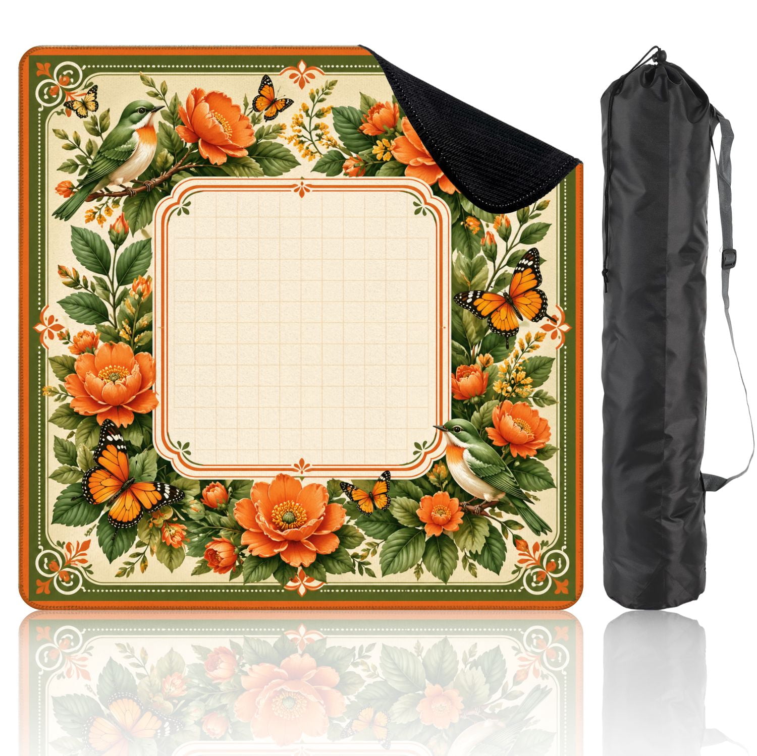 Mahjong Mat 31.5" x 31.5" Orange Peony Green Bird Floral Frame Butterflies Non-Slip Noise Reduction Mahjong Tiles Table Cover for Dominoes Poker Card Board and Tile Games