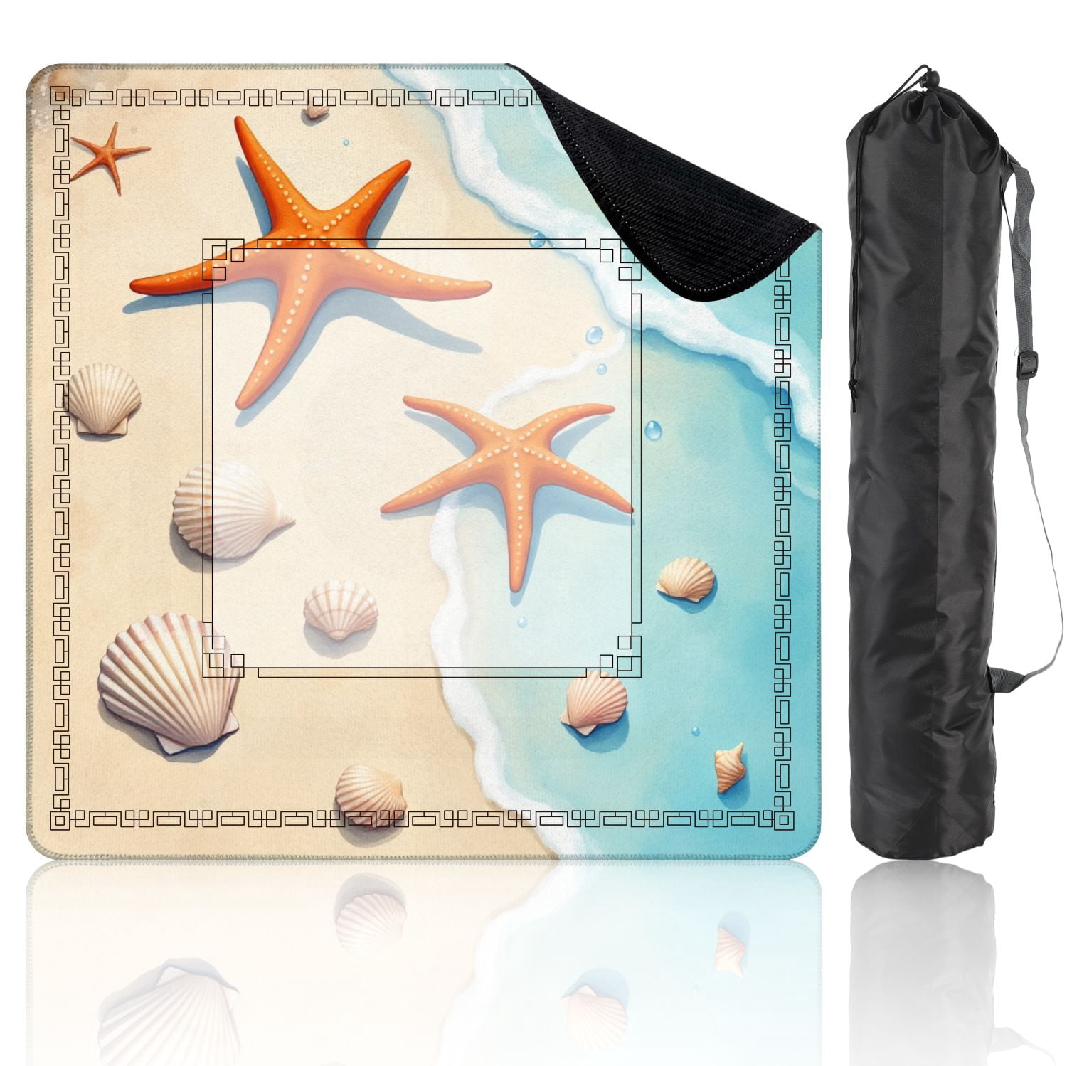 Mahjong Mat 31.5" x 31.5" Orange Starfish Seashells Sandy Beach Gentle Waves Non-Slip Noise Reduction American Mahjong Tiles Table Cover for Dominoes Poker Card Board Games Gift