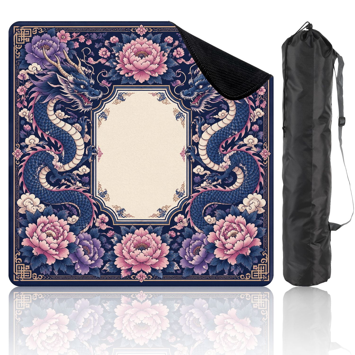 Mahjong Mat 31.5" x 31.5" Oriental Blue Dragons Pink Peonies Decorative Non-Slip Noise Reduction Mahjong Tiles Table Cover for Dominoes Poker Card Board and Tile Games
