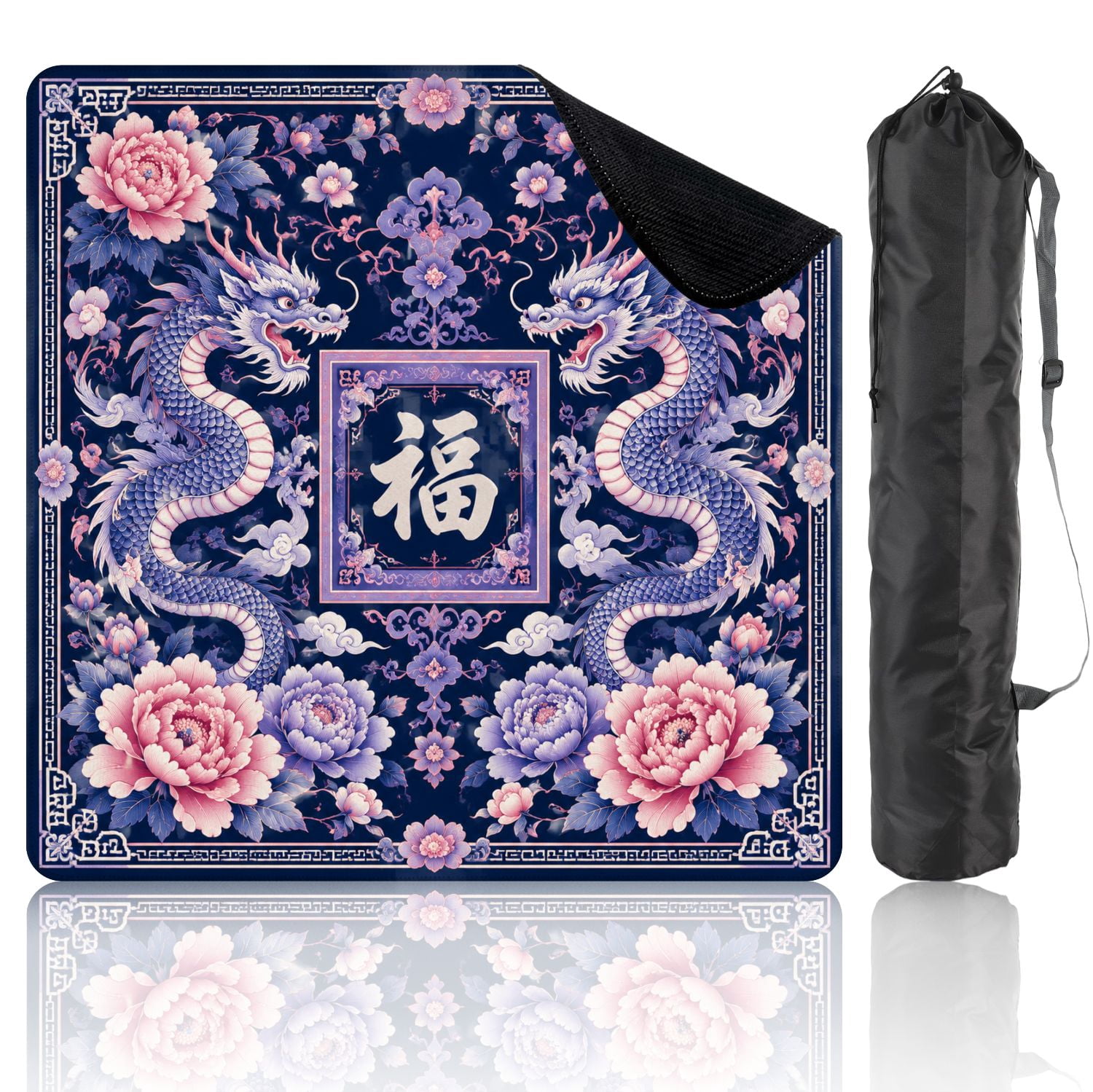 Mahjong Mat 31.5" x 31.5" Oriental Blue Pink Dragon Peonies Chinese Fortune Symbol Non-Slip Noise Reduction Mahjong Tiles Table Cover for Dominoes Poker Card Board and Tile Games