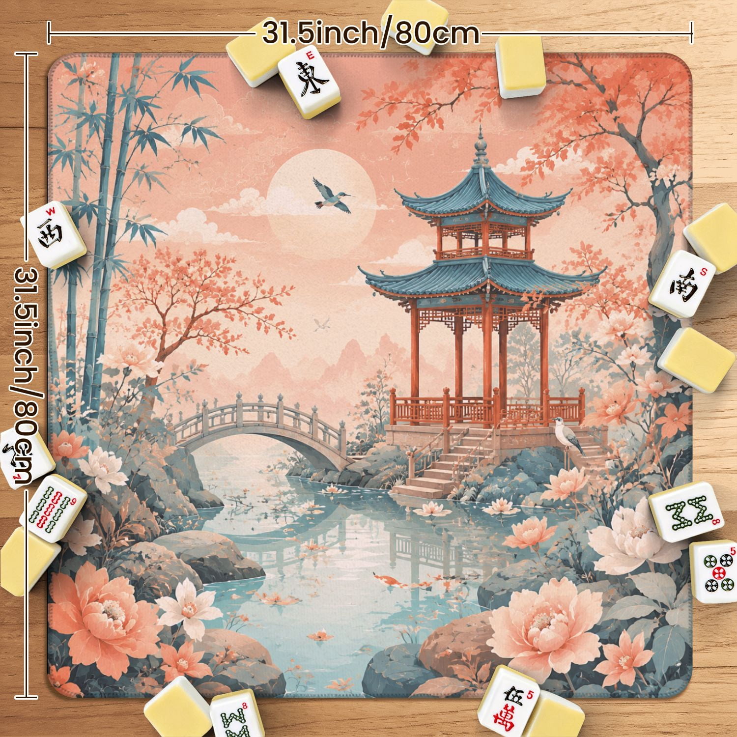 Mahjong Mat 31.5" x 31.5" Oriental Garden Scene Pagoda Blossoming Flowers Birds Pastel Colors Non-Slip Noise Reduction American Mahjong Tiles Table Cover for Dominoes Poker Card Board Games Gift