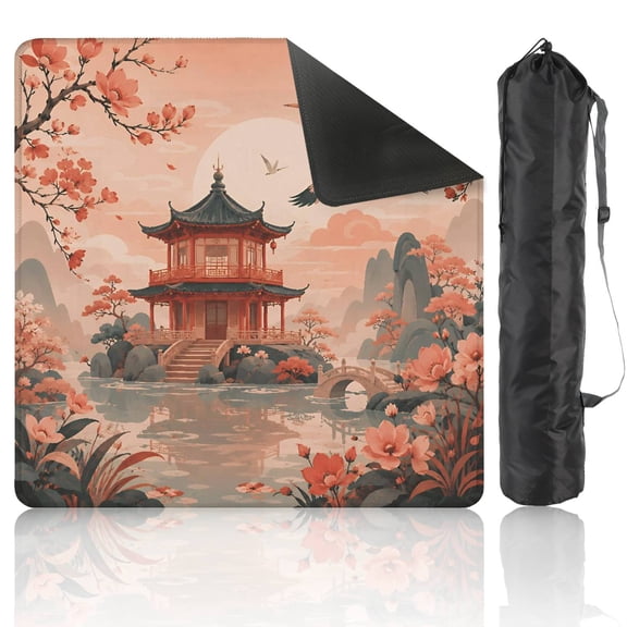 Mahjong Mat 31.5" x 31.5" Oriental Pagoda Cranes Cherry Blossoms Soft Pastel Landscape Non-Slip Noise Reduction American Mahjong Tiles Table Cover for Dominoes Poker Card Board Games Gift