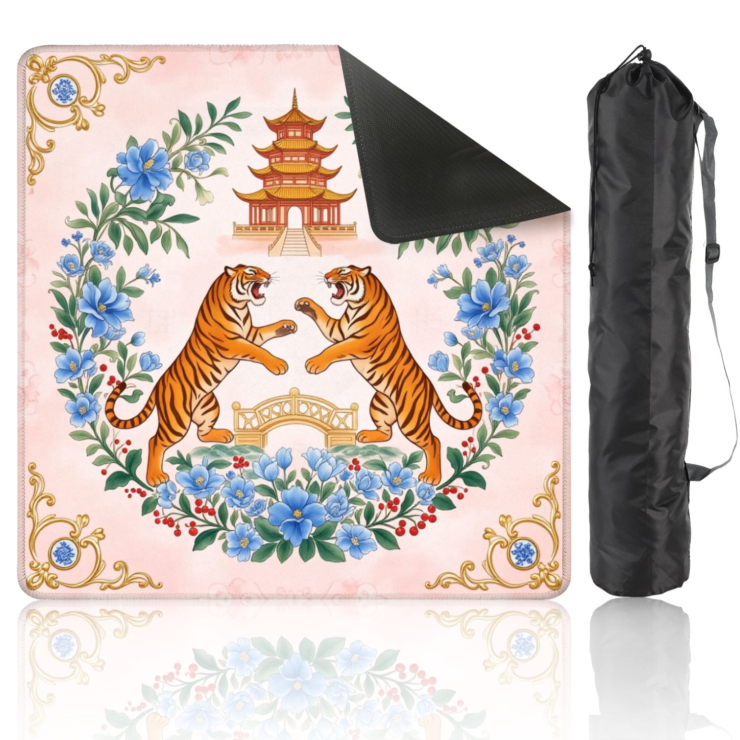 Mahjong Mat 31.5" x 31.5" Oriental Two Roaring Tigers Pagoda Floral Wreath Decorative Bridge Non-Slip Noise Reduction American Mahjong Tiles Table Cover for Dominoes Poker Card Board Games Gift