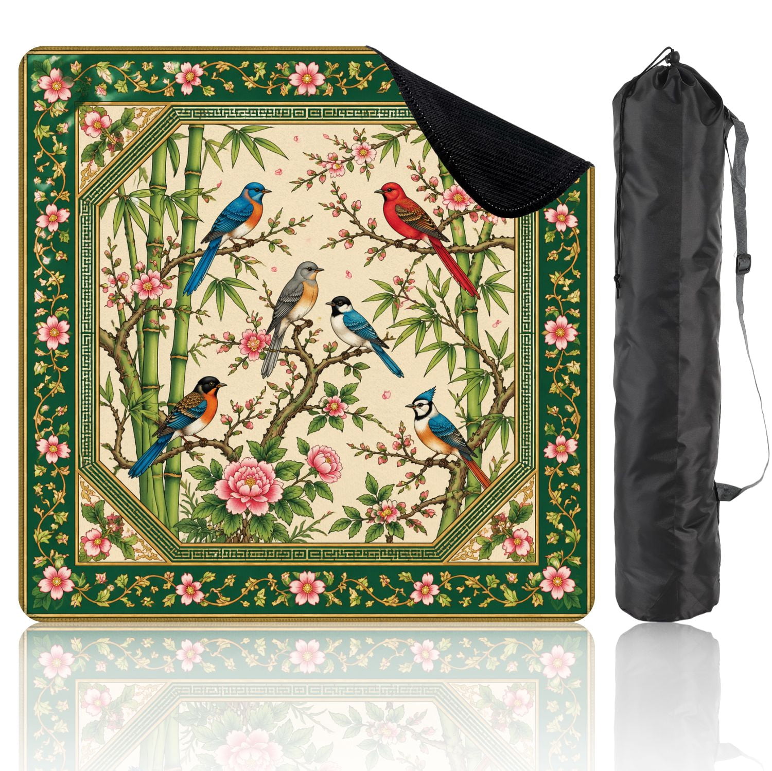Mahjong Mat 31.5" x 31.5" Ornamental Birds Floral Bamboo Green Frame Non-Slip Noise Reduction Mahjong Tiles Table Cover for Dominoes Poker Card Board and Tile Games