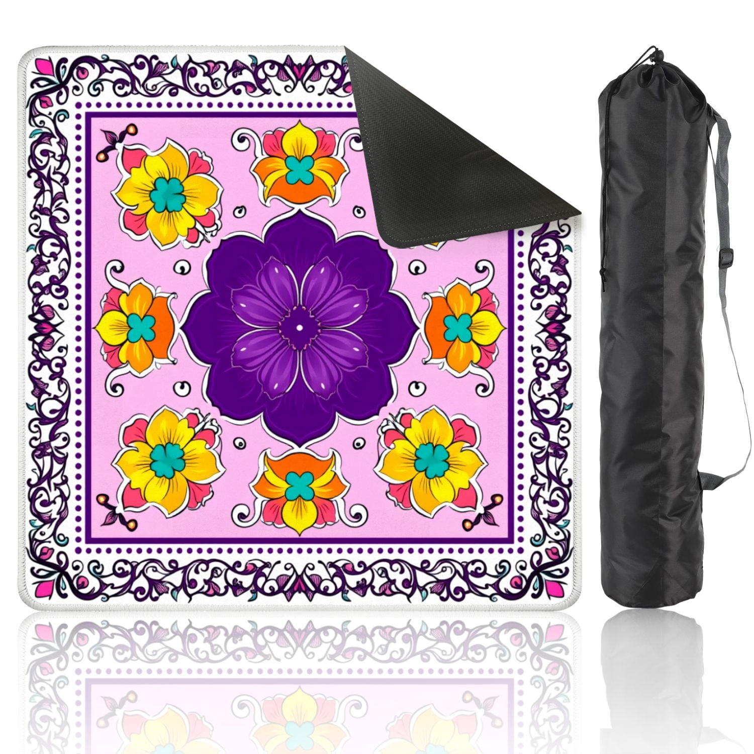 Mahjong Mat 31.5" x 31.5" Ornamental Floral Mandala Purple Center Flower Yellow Blossoms Non-Slip Noise Reduction American Mahjong Tiles Table Cover for Dominoes Poker Card Board Games Gift