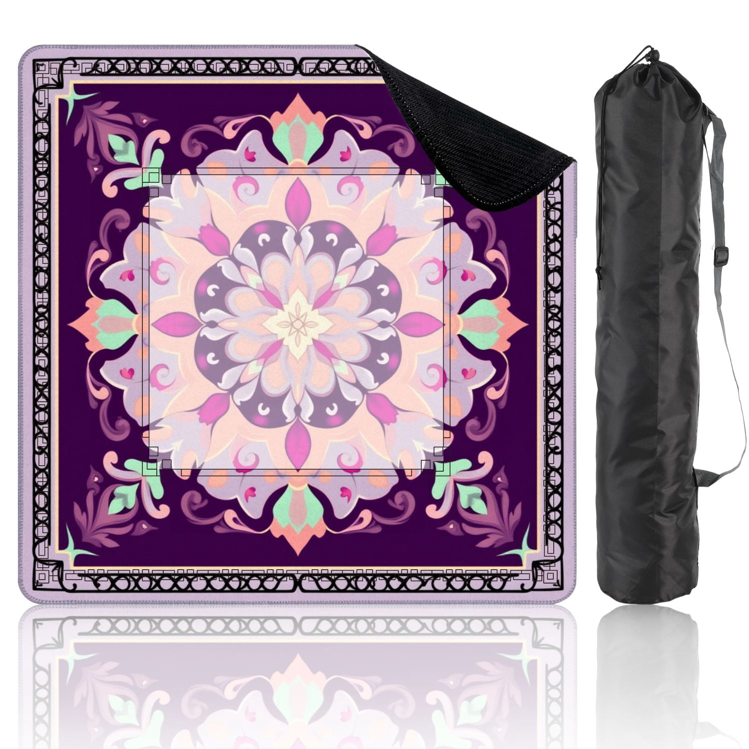 Mahjong Mat 31.5" x 31.5" Ornamental Floral Mandala Purple Pink Pastel Accents Non-Slip Noise Reduction American Mahjong Tiles Table Cover for Dominoes Poker Card Board Games Gift
