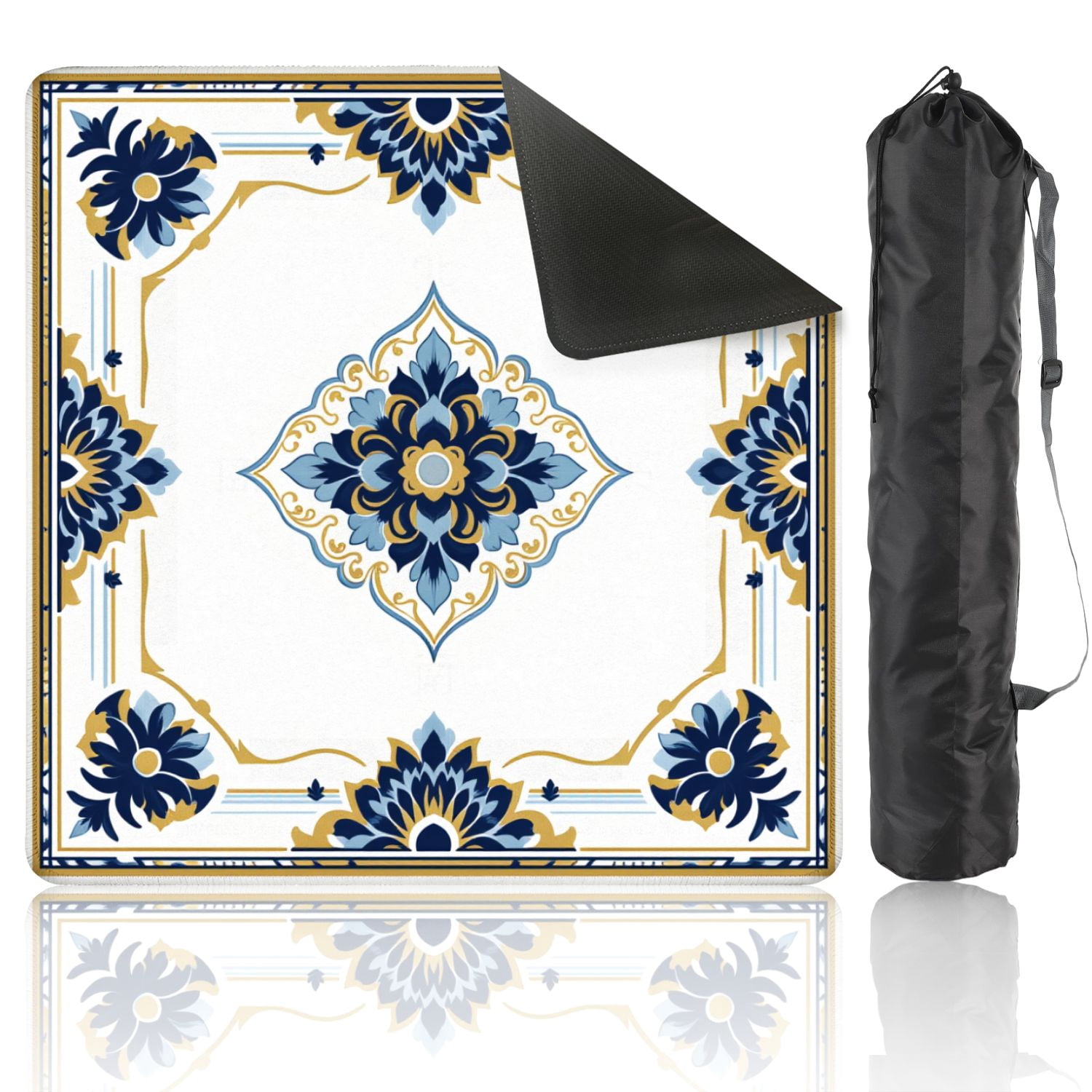 Mahjong Mat 31.5" x 31.5" Ornamental Floral Tile Blue Navy Gold Symmetrical Decorative Motifs Non-Slip Noise Reduction American Mahjong Tiles Table Cover for Dominoes Poker Card Board Games Gift