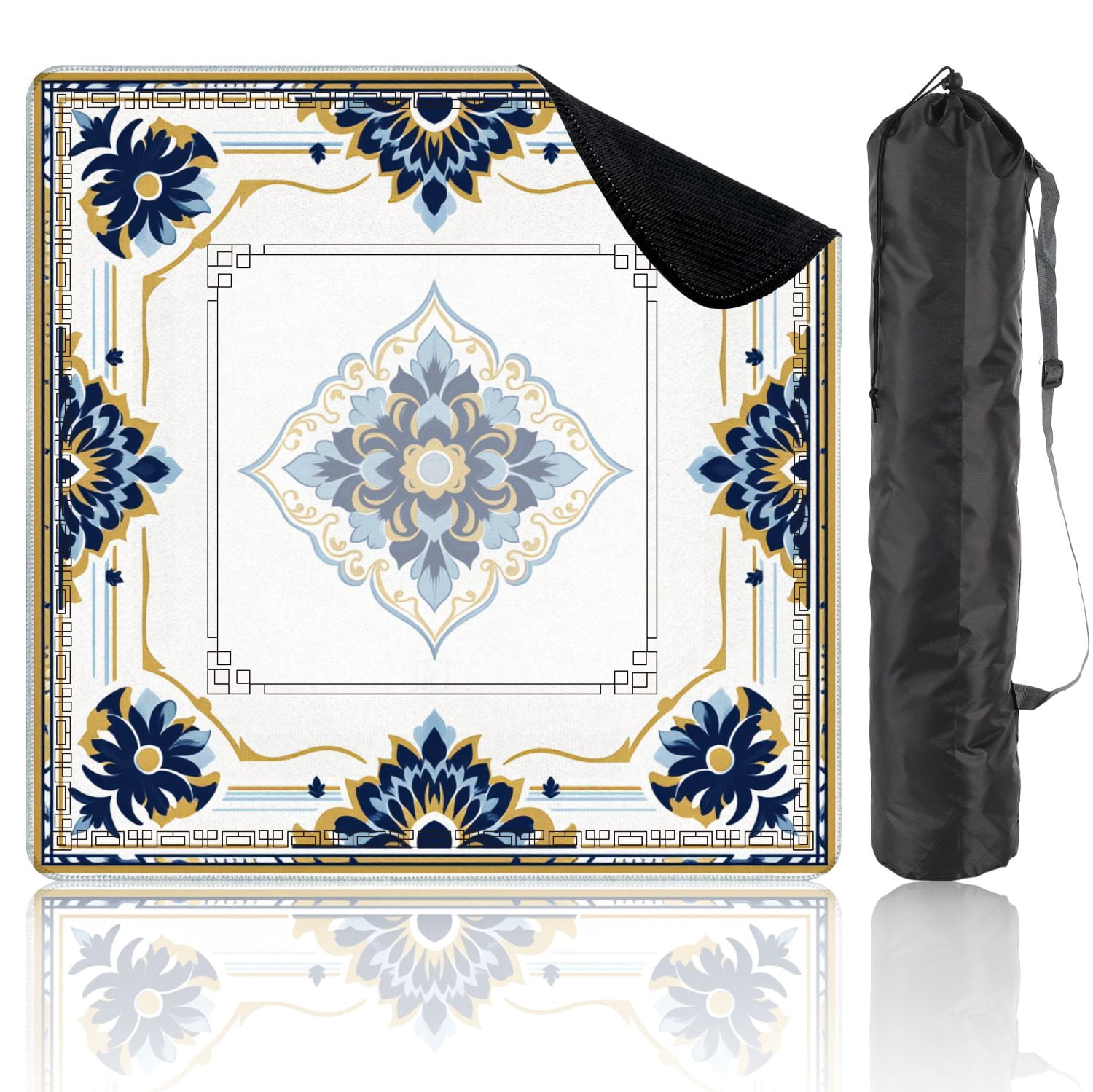 Mahjong Mat 31.5" x 31.5" Ornamental Floral Tile Blue Navy Gold Symmetrical Decorative Motifs Non-Slip Noise Reduction American Mahjong Tiles Table Cover for Dominoes Poker Card Board Games Gift