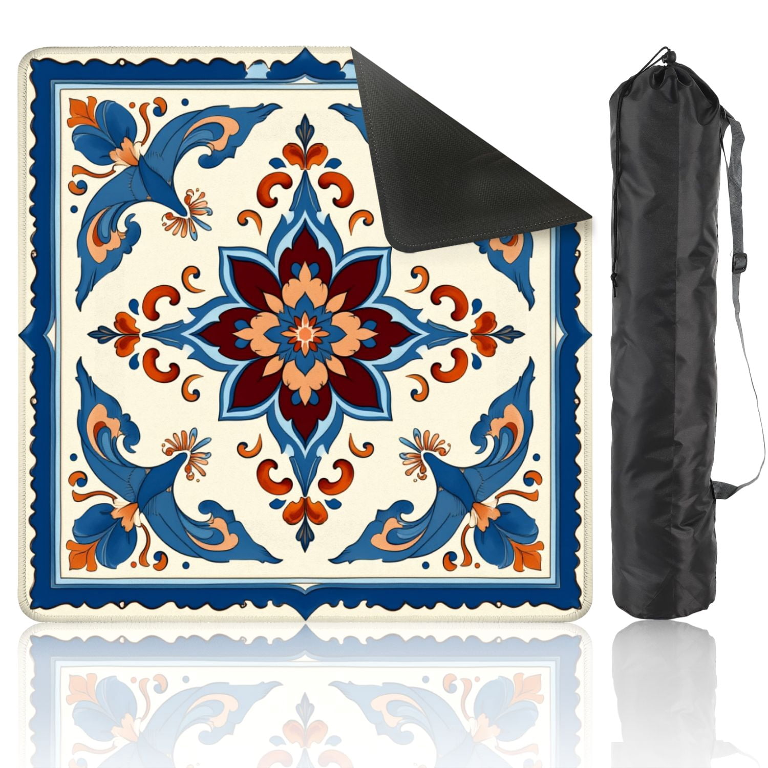 Mahjong Mat 31.5" x 31.5" Ornamental Floral Tile Blue Orange Symmetrical Design Non-Slip Noise Reduction American Mahjong Tiles Table Cover for Dominoes Poker Card Board Games Gift