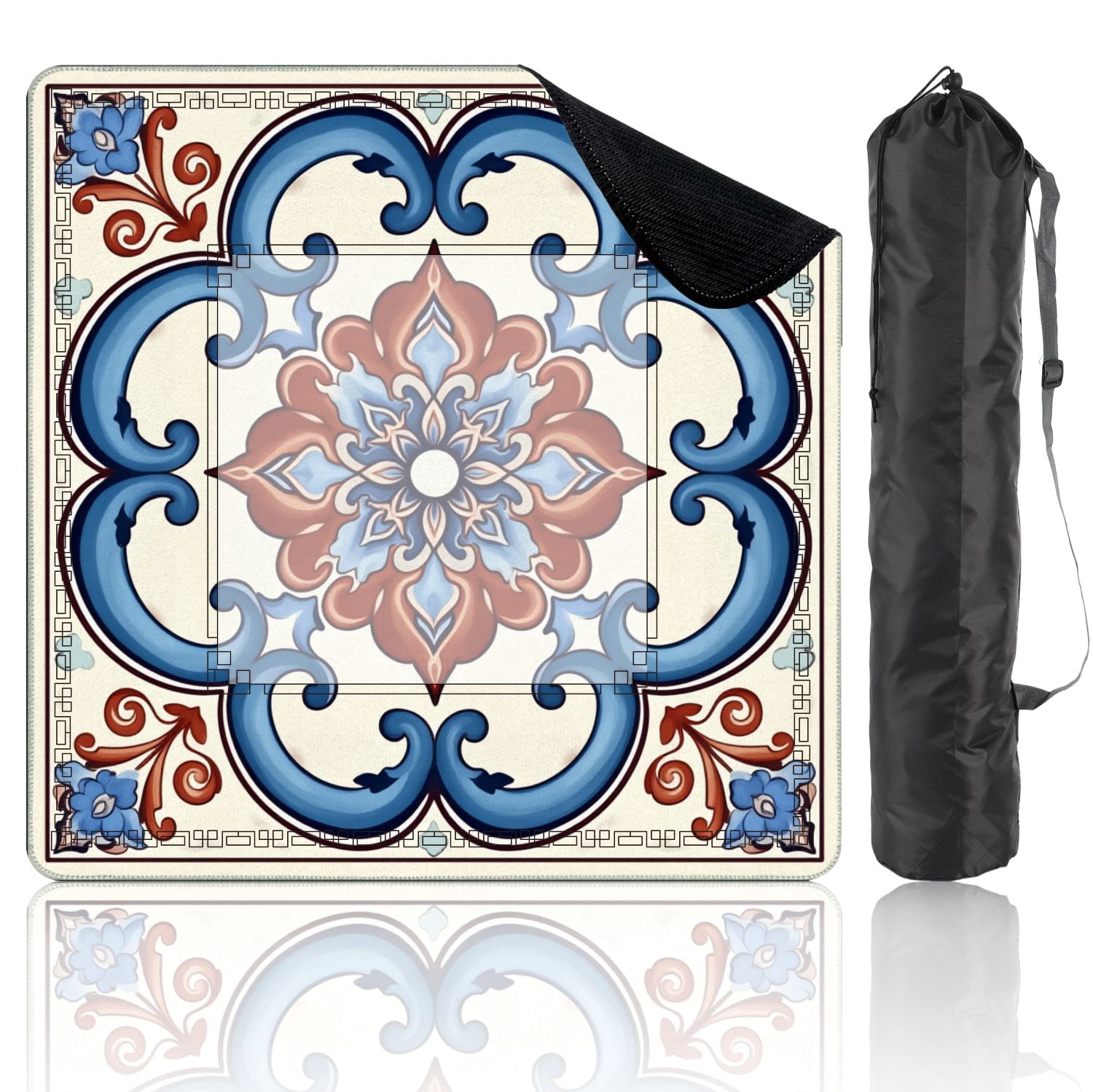 Mahjong Mat 31.5" x 31.5" Ornamental Geometric Tile Blue Terracotta Floral Motifs Non-Slip Noise Reduction American Mahjong Tiles Table Cover for Dominoes Poker Card Board Games Gift