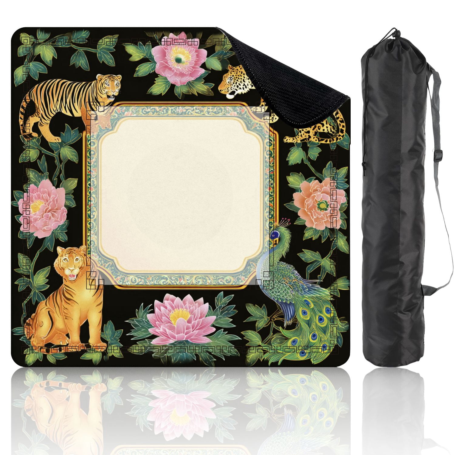 Mahjong Mat 31.5" x 31.5" Ornamental Tiger Leopard Peacock Pink Peonies Green Foliage Black Non-Slip Noise Reduction American Mahjong Tiles Table Cover for Dominoes Poker Card Board Games Gift