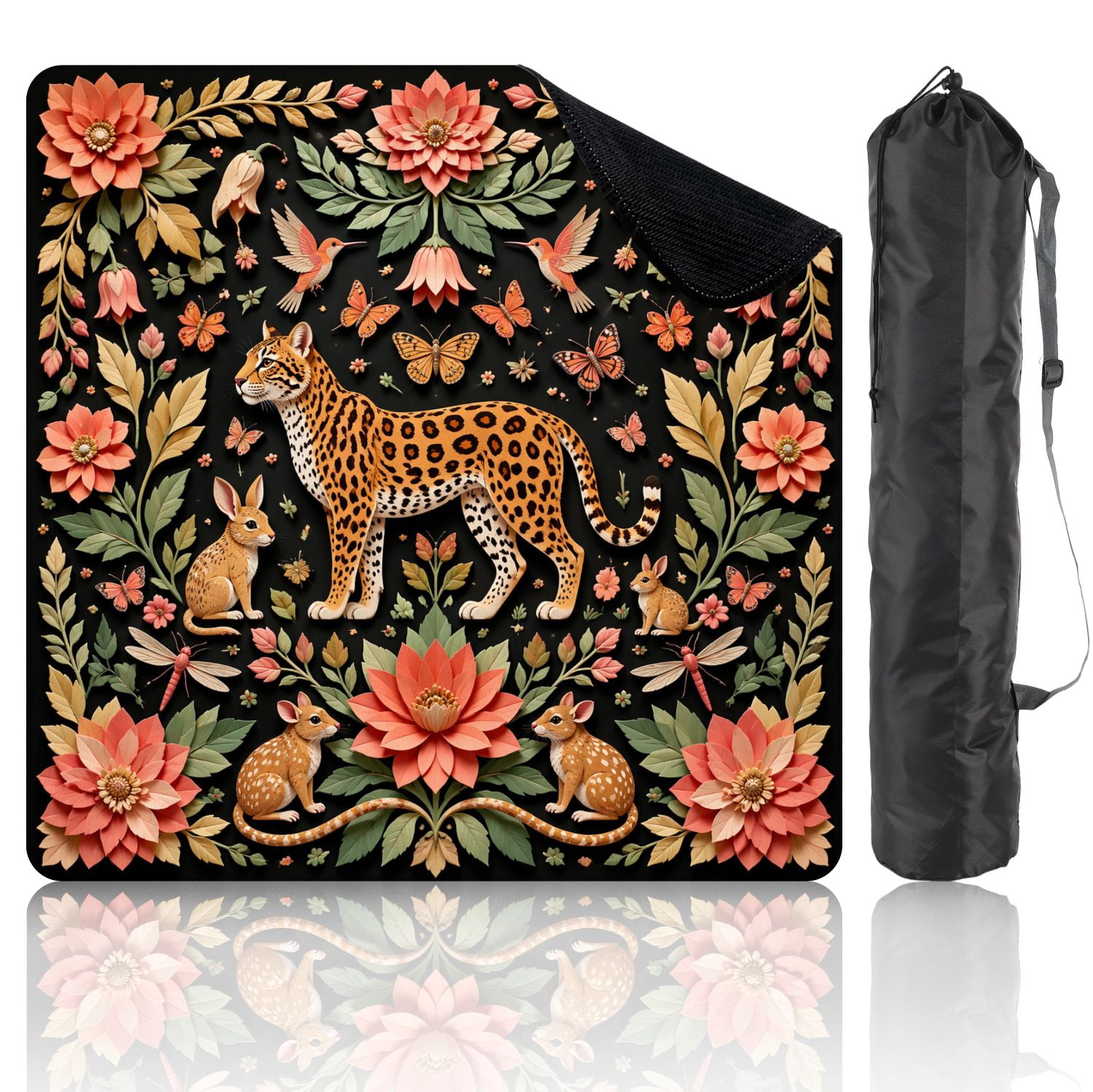 Mahjong Mat 31.5" x 31.5" Ornamental Wildlife Leopard Rabbits Butterflies Hummingbirds Pink Non-Slip Noise Reduction Mahjong Tiles Table Cover for Dominoes Poker Card Board and Tile Games