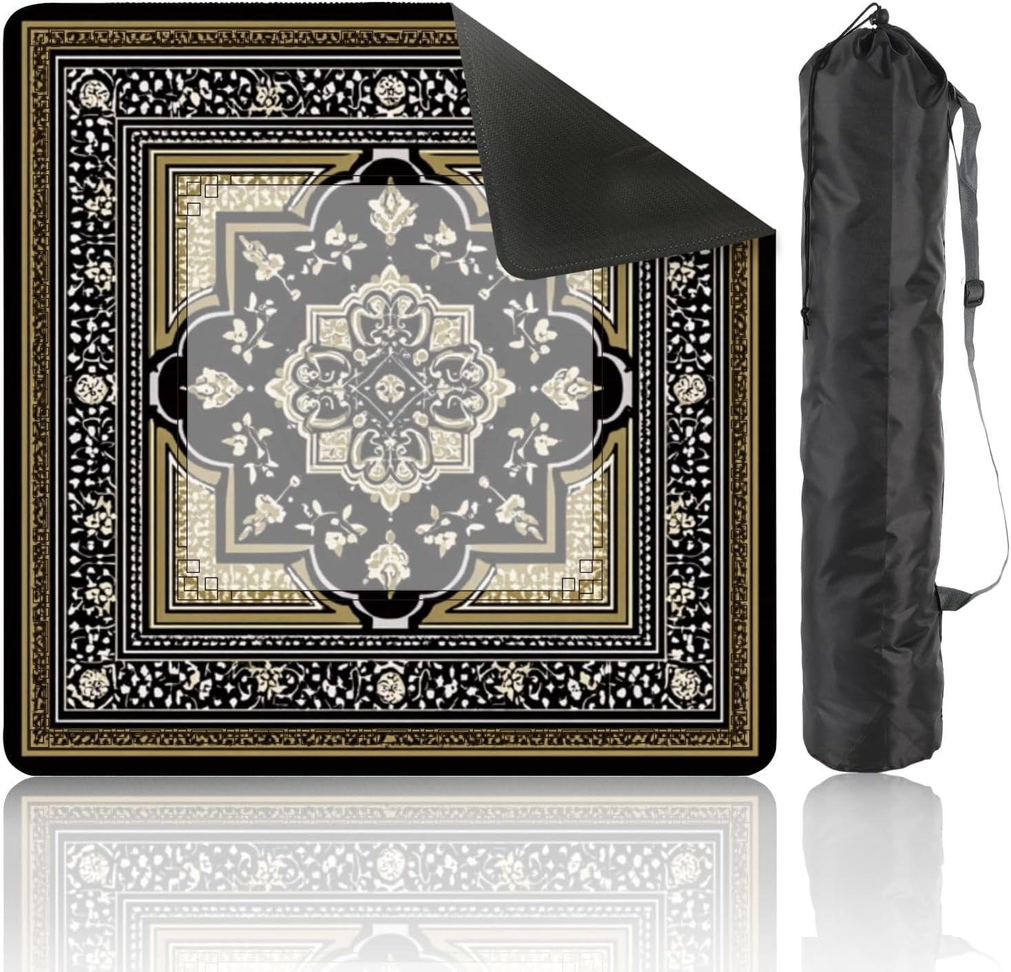 Mahjong Mat 31.5" x 31.5" Ornate Black Gold Floral Geometric Vintage Decorative Borders Non-Slip Noise Reduction Mahjong Tiles Table Cover for Dominoes Poker Card Board and Tile Games