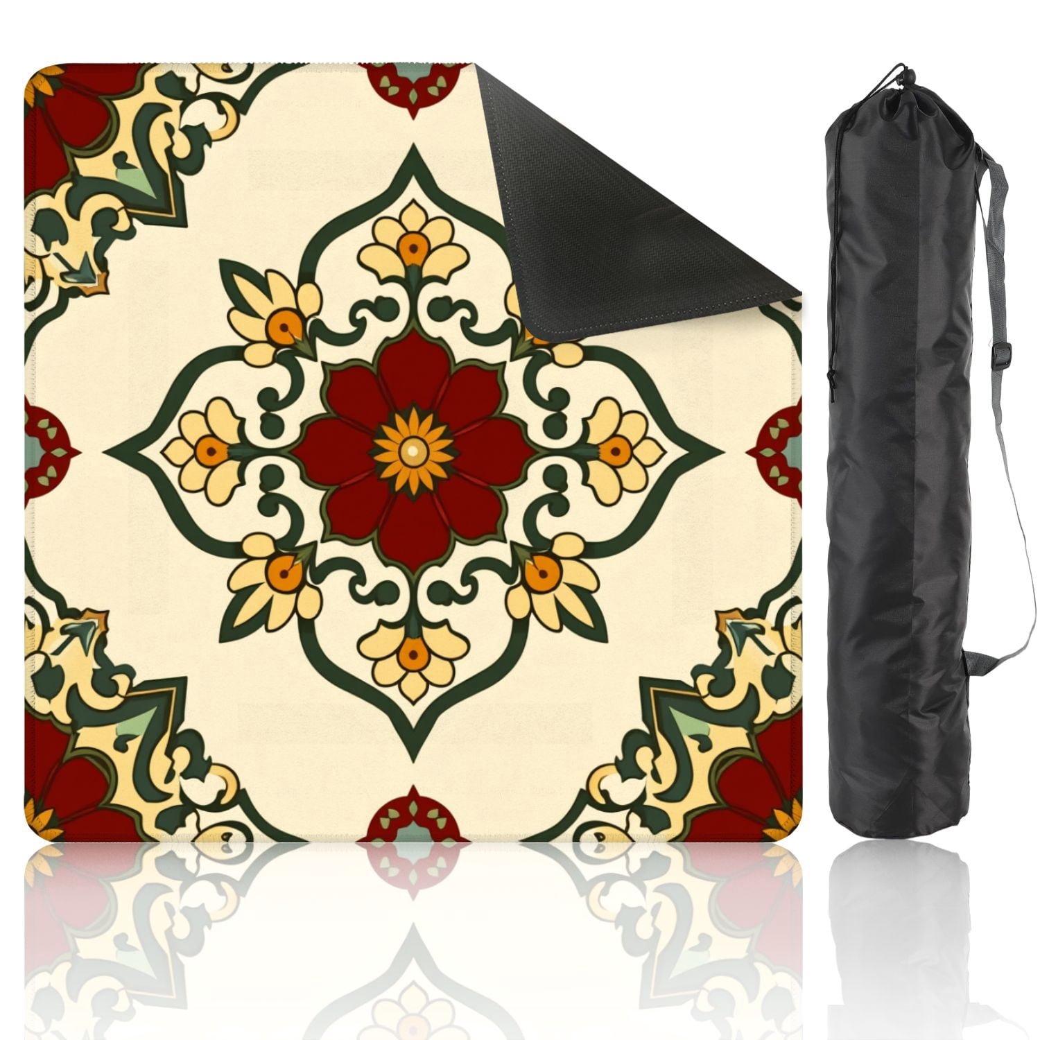 Mahjong Mat 31.5" x 31.5" Ornate Floral Mandala Red Yellow Green Symmetrical Design Non-Slip Noise Reduction American Mahjong Tiles Table Cover for Dominoes Poker Card Board Games Gift