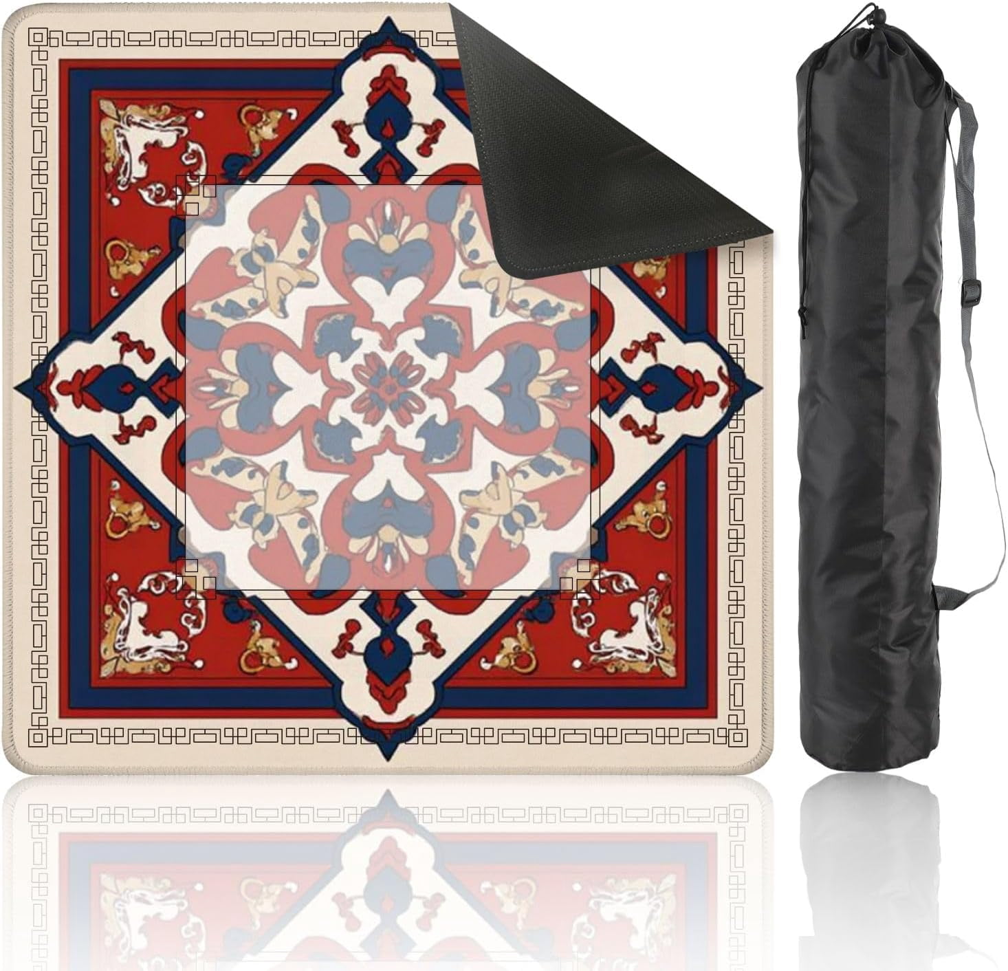 Mahjong Mat 31.5" x 31.5" Ornate Geometric Floral Red Blue Beige Vintage Decorative Style Non-Slip Noise Reduction Mahjong Tiles Table Cover for Dominoes Poker Card Board and Tile Games