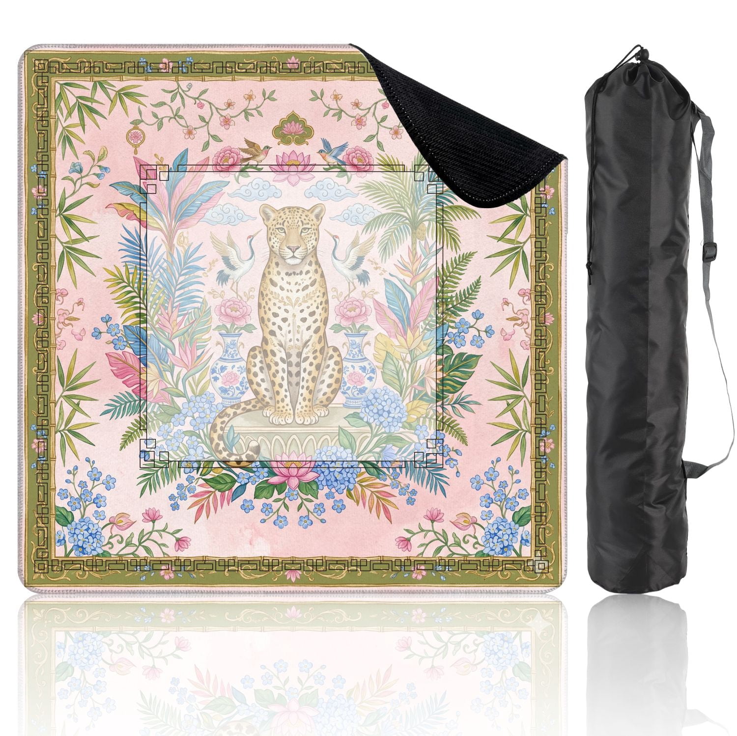 Mahjong Mat 31.5" x 31.5" Ornate Leopard Tropical Foliage Cranes Birds Floral Pink Green Non-Slip Noise Reduction American Mahjong Tiles Table Cover for Dominoes Poker Card Board Games Gift