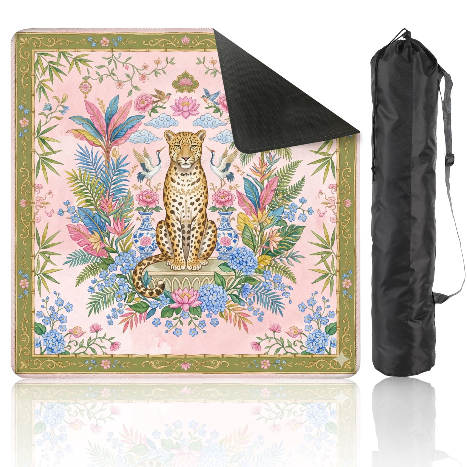 Mahjong Mat 31.5" x 31.5" Ornate Leopard Tropical Foliage Cranes Birds Floral Pink Green Non-Slip Noise Reduction American Mahjong Tiles Table Cover for Dominoes Poker Card Board Games Gift