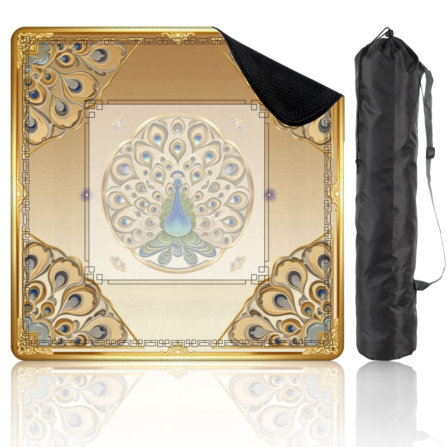 Mahjong Mat 31.5" x 31.5" Ornate Peacock Gold Embellished Feathers Decorative Floral Corners Non-Slip Noise Reduction American Mahjong Tiles Table Cover for Dominoes Poker Card Board Games Gift