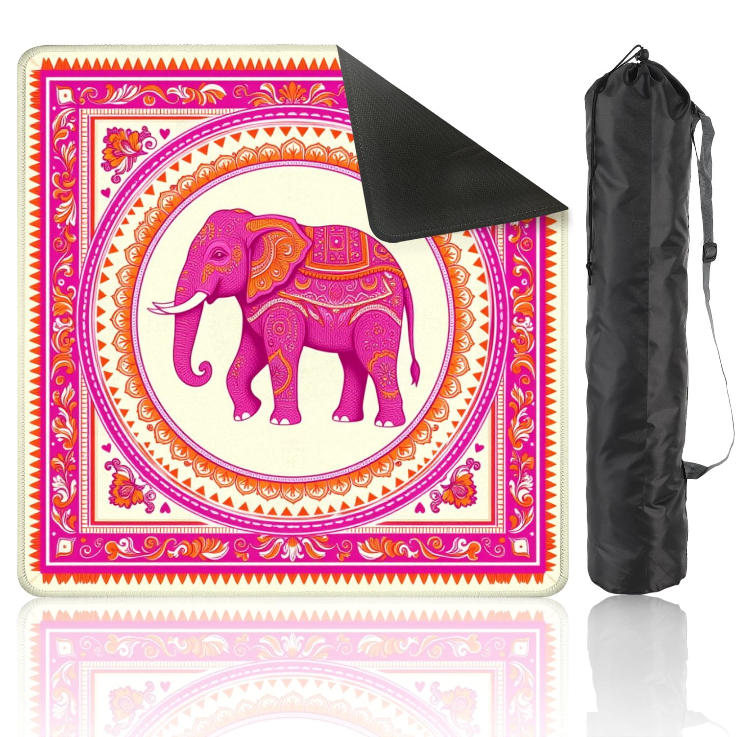 Mahjong Mat 31.5" x 31.5" Ornate Pink Elephant Mandala Art Intricate Floral Ethnic Patterns Non-Slip Noise Reduction American Mahjong Tiles Table Cover for Dominoes Poker Card Board Games Gift