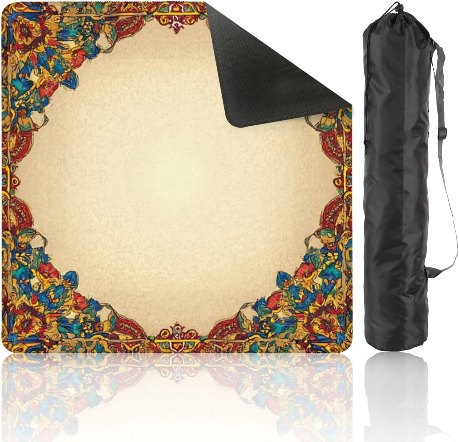 Mahjong Mat 31.5" x 31.5" Ornate Vintage Floral Frame Red Blue Gold Accents Non-Slip Noise Reduction Mahjong Tiles Table Cover for Dominoes Poker Card Board and Tile Games Gift