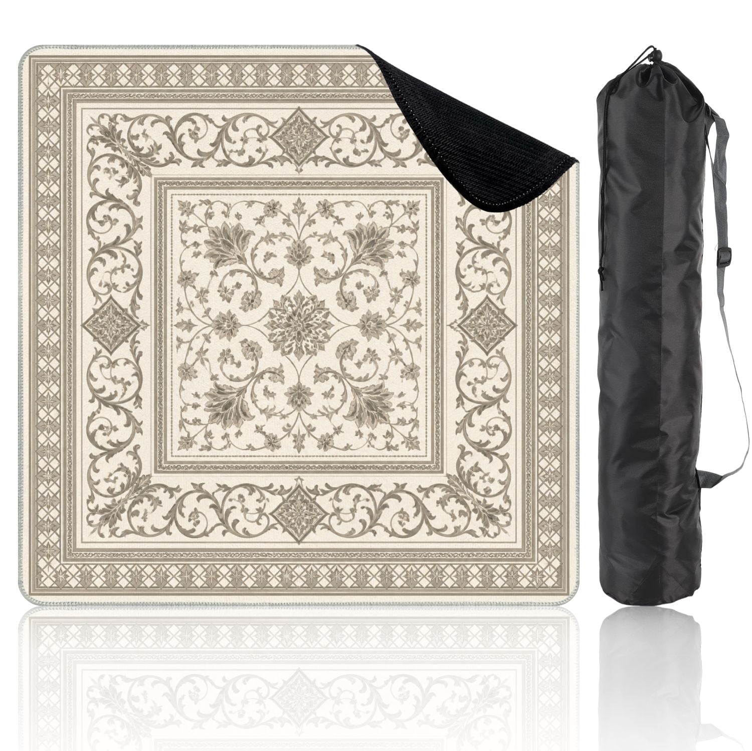 Mahjong Mat 31.5" x 31.5" Ornate Vintage Floral Square Intricate Vine Motifs Neutral Beige Tones Non-Slip Noise Reduction Mahjong Tiles Table Cover for Dominoes Poker Card Board and Tile Games