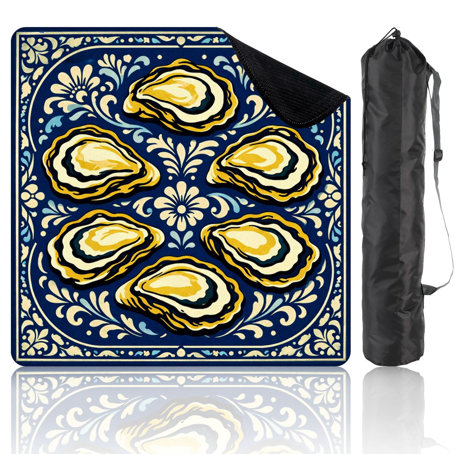 Mahjong Mat 31.5" x 31.5" Oysters Ornate Blue Floral Mediterranean Non-Slip Noise Reduction Mahjong Tiles Table Cover for Dominoes Poker Card Board and Tile Games