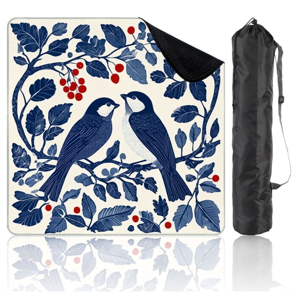 Mahjong Mat 31.5" x 31.5" Pair Birds Branch Red Berries Blue Leaves Vintage Style Non-Slip Noise Reduction Mahjong Tiles Table Cover for Dominoes Poker Card Board and Tile Games