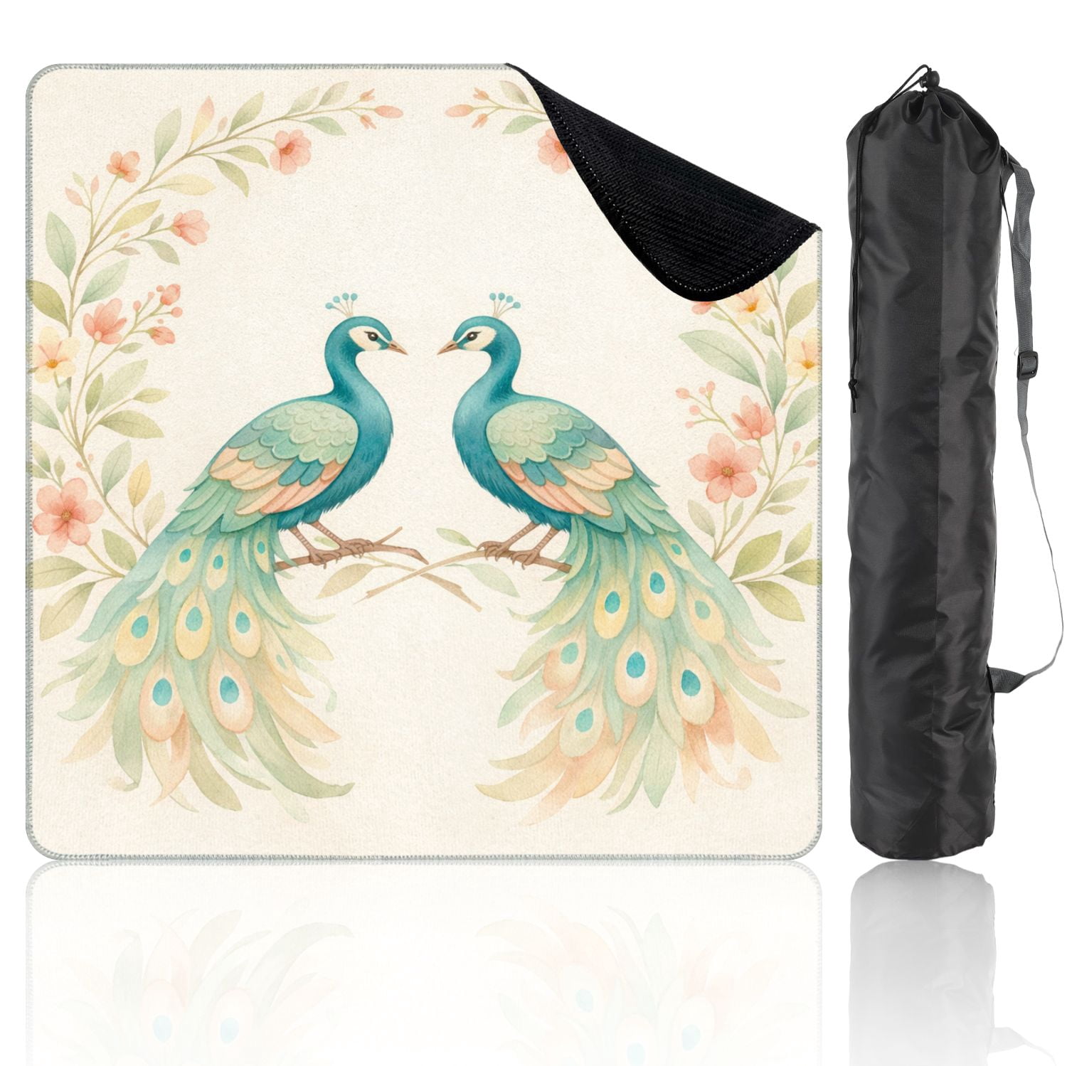 Mahjong Mat 31.5" x 31.5" Pair Elegant Blue Green Peacocks Long Flowing Tails Floral Wreath Non-Slip Noise Reduction Mahjong Tiles Table Cover for Dominoes Poker Card Board and Tile Games