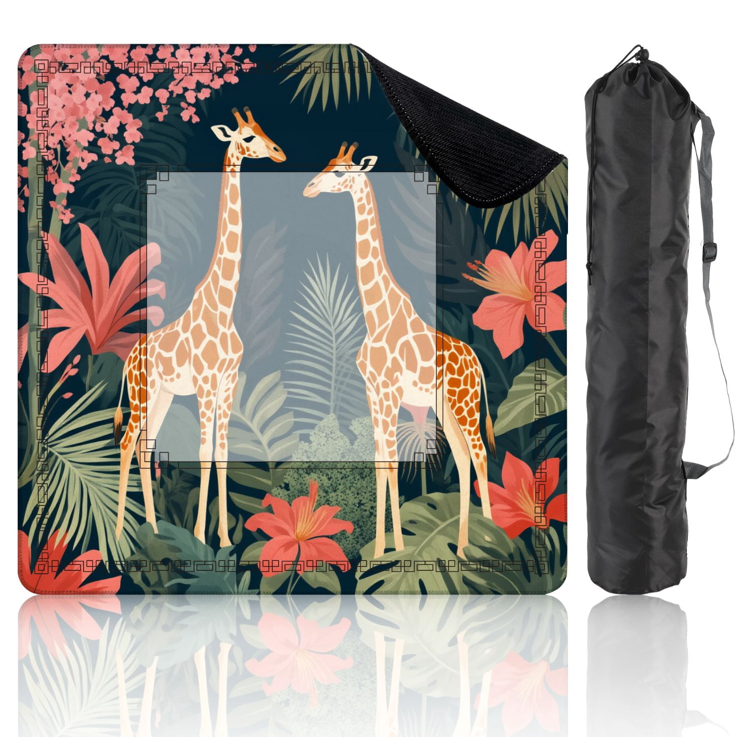 Mahjong Mat 31.5" x 31.5" Pair Giraffes Among Tropical Foliage Vibrant Flowers Non-Slip Noise Reduction American Mahjong Tiles Table Cover for Dominoes Poker Card Board Games Gift