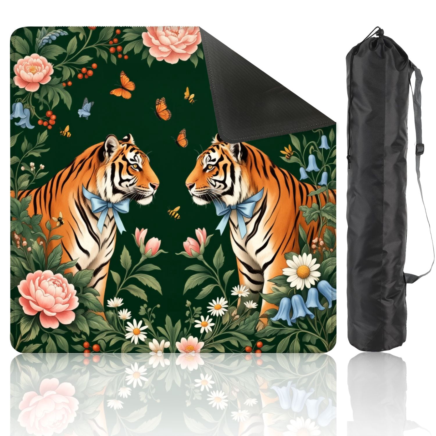 Mahjong Mat 31.5" x 31.5" Pair Tigers Blue Bows Surrounded by Colorful Flowers Butterflies Non-Slip Noise Reduction American Mahjong Tiles Table Cover for Dominoes Poker Card Board Games Gift